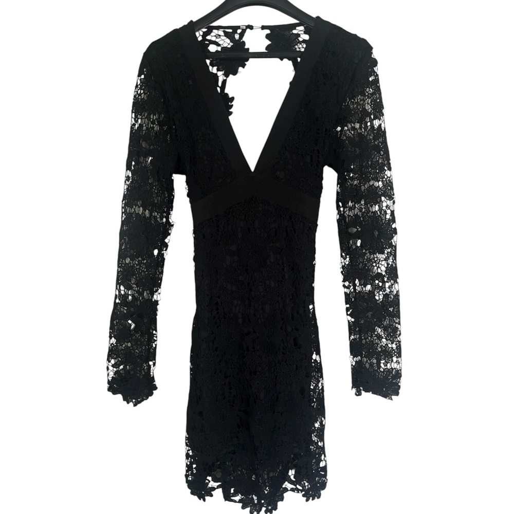Long Sleeve Black Floral Lace Dress - XL